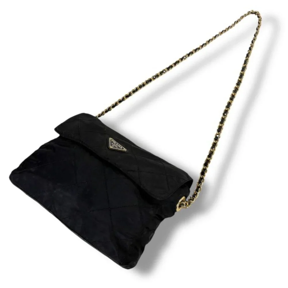 Prada Quilted Chain Shoulder Bag Triangle Logo Black Tessuto Nylon - Picture 3 of 10